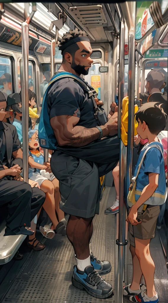 A black man stopped on the subway, Bermudas, , hand holding the bar, pubic hair visible, BOJO MAIOR, large bulge, large bulge,  subway full of shocked children looking at black,