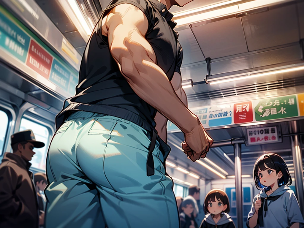 ((A naked 48-year-old middle-aged man on a crowded train))、((Being molested))、((((The lower body is underwear))))、((((Emphasis on the crotch))))、Asian、(((A dark and mysterious crowded train at night)))、、,Short Hair、buzzcut、A little muscular、((Masculine))、Detailed facial expressionasterpiece),Highest quality,Excellent anatomy、Intimidating