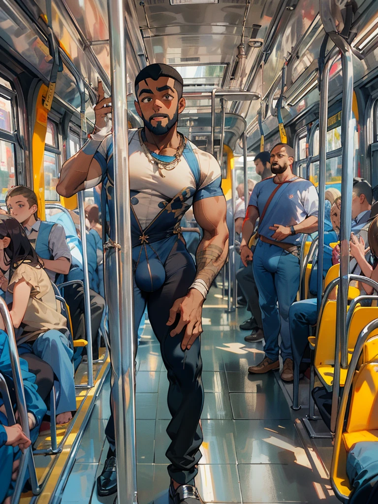 A black man standing on the bus , full expressions, large bulge, Apertado, roupas molhadas, blusa aberta, pubic hair visible, BOJO MAIOR, large bulge, large bulge, transparente, bus full of people looking at the man, grande bojo atraindo todo mundo&#39;attention-getting