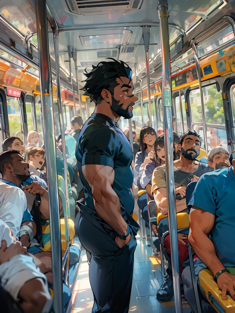 A black man standing on the bus , full expressions, large bulge, dormindo, Apertado, roupas molhadas, blusa aberta, pubic hair visible, BOJO MAIOR, large bulge, large bulge, transparente, bus full of people looking at the man, big bulge attracting all the attention