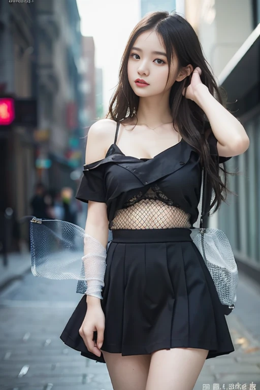 randome pose、mix4、(8K、Raw photography、top-quality、masterpiece:1.45)、(realisitic、Photorealsitic:1.37)、one girls、cute little、Cityscape、natta、Sateen、Wetty、profetional lighting、photon maping、Radio City、physically-based renderingt、Gradient black hair、Long hair、a handsome、girl with、Tight T-shirt、thin-waist、Mini skirt、pale-skinned、top quality photo、hight resolution、1080p、(clearface)、(Detailed face description)、(Detailed hand description)、 (masterpiece), (Exquisite CG), extreme light and shadows, dishevled hair, masterpiece, lush detail, (Fine facial features), (Highest Quality Photos), (masterpiece), (finely eye), Look in front of you, Fine clavicle, (Colossal tits:1.47),