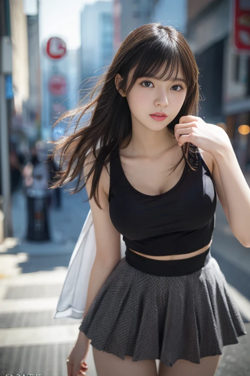 randome pose、mix4、(8K、Raw photography、top-quality、masterpiece:1.45)、(realisitic、Photorealsitic:1.37)、one girls、、cute little、Cityscape、natta、Sateen、Wetty、profetional lighting、photon maping、Radio City、physically-based renderingt、Gradient black hair、Long curly hair、a handsome、girl with、Tight T-shirt、thin-waist、Mini skirt、pale-skinned、top quality photo、hight resolution、1080p、(clearface)、(Detailed face description)、(Detailed hand description)、 (masterpiece), (Exquisite CG), extreme light and shadows, dishevled hair, masterpiece, lush detail, (Fine facial features), (Highest Quality Photos), (masterpiece), (finely eye), Look in front of you, Fine clavicle, (Colossal tits:1.47),