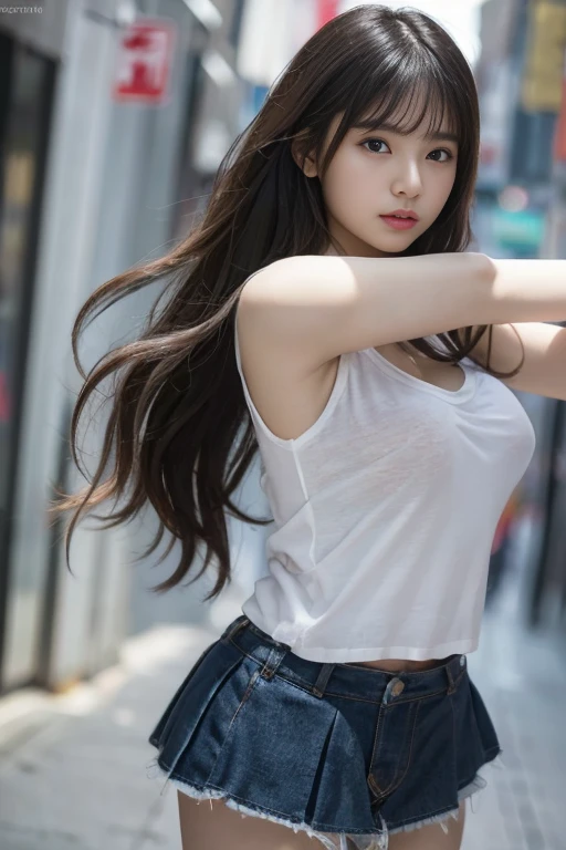 randome pose、mix4、(8K、Raw photography、top-quality、​masterpiece:1.45)、(realisitic、Photorealsitic:1.37)、one girls、、cute little、Cityscape、natta、Sateen、Wetty、profetional lighting、photon maping、Radio City、physically-based renderingt、Gradient black hair、Long curly hair、a handsome、girl with、Tight T-shirt、thin-waist、Mini skirt、pale-skinned、top quality photo、hight resolution、1080p、(clearface)、(Detailed face description)、(Detailed hand description)、 (​masterpiece), (Exquisite CG), extreme light and shadows, dishevled hair, ​masterpiece, lush detail, (Fine facial features), (Highest Quality Photos), (​masterpiece), (finely eye), Look in front of you, Fine clavicle, (Colossal tits:1.47),