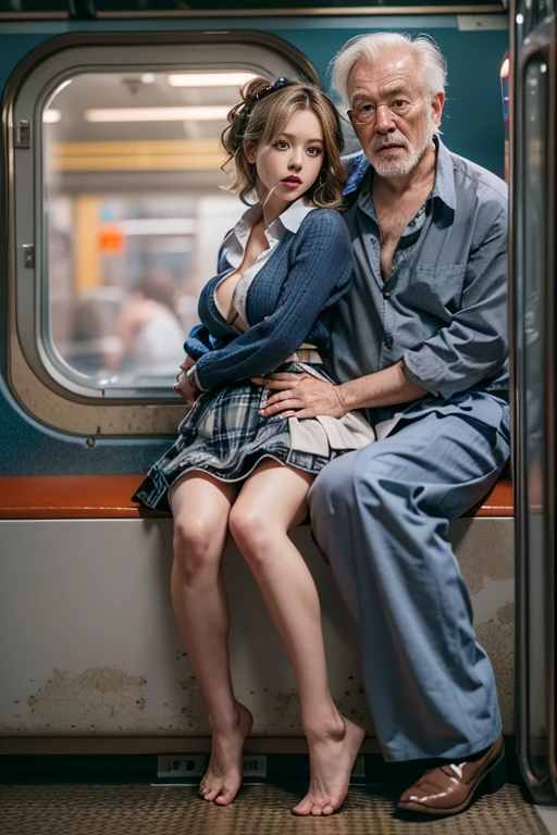 ((ผู้โดยสารหนาแน่นon the train:1.5)),(Girl with blue eyes and blonde bob)、(sexy swinging mini skirt: 1.5)、(white open shoulder shirt:1.5)、(Sexy red lingerie:1.5)、wobble 、((on the train:1.5))、40,000、picture、Masterpiece、Highest quality、dark gray background、(The old man leaned on his back., leaning against his chest:1.4)、various gestures。 (Rubbing her breasts.:1.3)、Speak in your ears..、(Another old man carried her on his lap.、Reach out and touch her crotch.:1.4)、go pick her up、Draw clearly whose finger it is.,