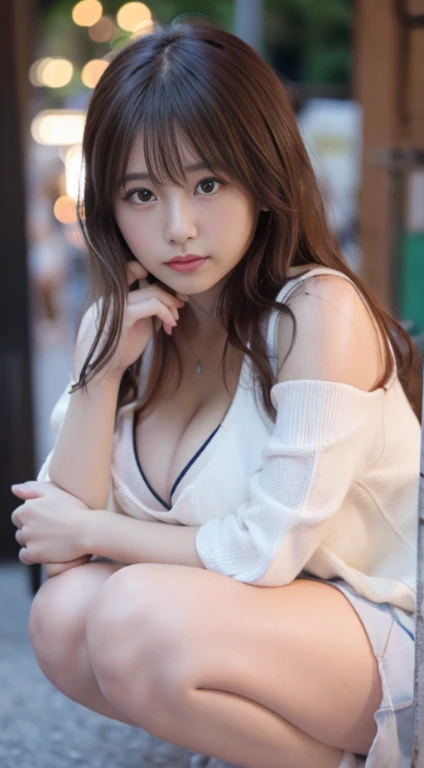Smile、natta、Raw photography、(((Portrait of extreme beauty)))、((glistning skin))、1人、15 year old beautiful girl in Prague、bright expression、((brown haired))、(cleavage of the breast)、(Larger hoodie)、[Big blue eyes that shine like jewels]、Glossy glossy skin、Silky long straight hair、eye liner、Beautiful bangs、Hair between the eyes、((​masterpiece、top-quality、ultra-detailliert、Film Light、intricate-detail、hight resolution、ighly detailed))、细致背景、8KUHD、Digital SLR、Soft light、hightquality、Film grain、FujifilmXT3 、Shallow depth of field、natural soft light、Kamimei、beutiful breast、((squatting))