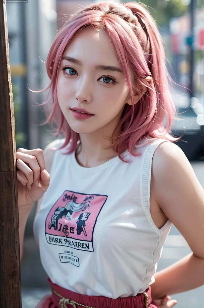 (Ultra Real), (Illustration), (High Definition), (8K), (Very detailed), (Best Illustration), (Beautiful detailed eyes), (Best Quality), (ultra-detailliert), (masutepiece), (Wallpaper), (Detailed face), drooing eyes,Sweat,Upper Body Up,Short hair,Pink hair,Simple White Tank Top Girl, japanes, Huge,street wear, tshirts, Skirt