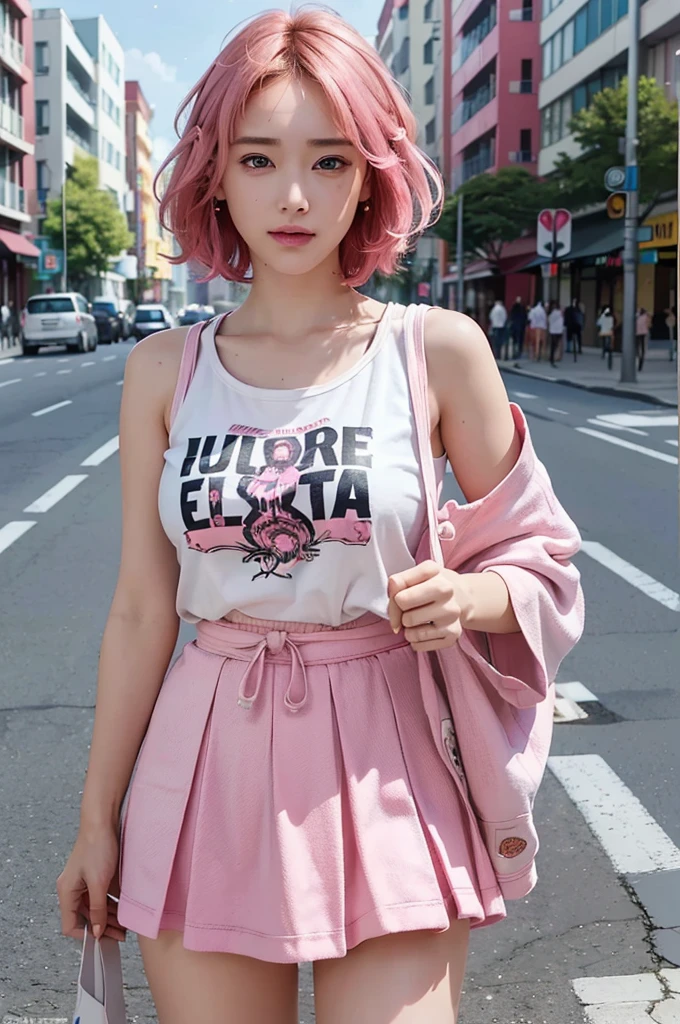 (Ultra Real), (Illustration), (High Definition), (8K), (Very detailed), (Best Illustration), (Beautiful detailed eyes), (Best Quality), (ultra-detailliert), (masutepiece), (Wallpaper), (Detailed face), drooing eyes,Sweat,Upper Body Up,Short hair,Pink hair,Simple White Tank Top Girl, japanes, Huge,street wear, tshirts, Skirt
