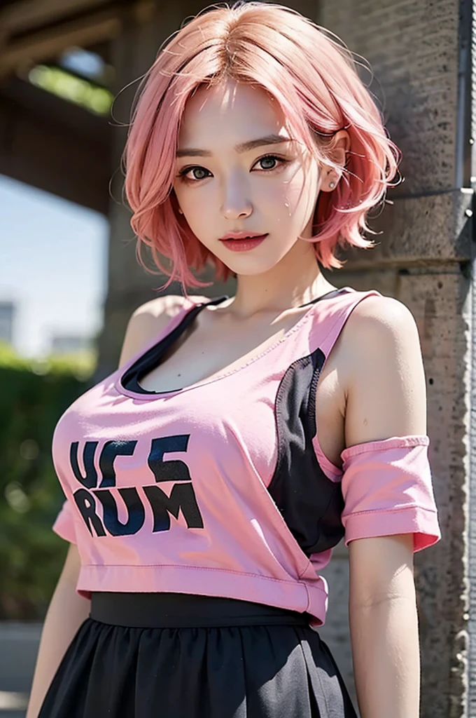 (Ultra Real), (Illustration), (High Definition), (8K), (Very detailed), (Best Illustration), (Beautiful detailed eyes), (Best Quality), (ultra-detailliert), (masutepiece), (Wallpaper), (Detailed face), drooing eyes,Sweat,Upper Body Up,Short hair,Pink hair,Simple White Tank Top Girl, japanes, Huge,street wear, tshirts, Skirt