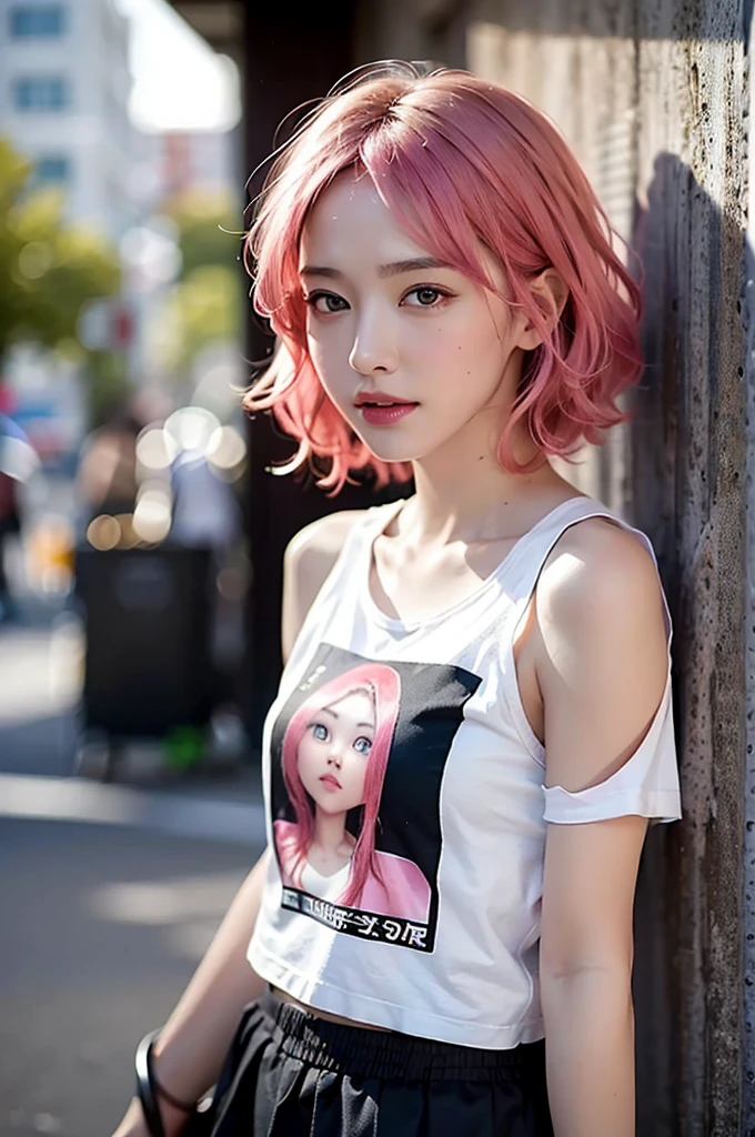 (Ultra Real), (Illustration), (High Definition), (8K), (Very detailed), (Best Illustration), (Beautiful detailed eyes), (Best Quality), (ultra-detailliert), (masutepiece), (Wallpaper), (Detailed face), drooing eyes,Sweat,Upper Body Up,Short hair,Pink hair,Simple White Tank Top Girl, japanes, Huge,street wear, T-shirt, Skirt