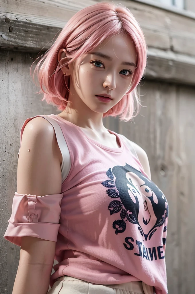 (Ultra Real), (Illustration), (High Definition), (8K), (Very detailed), (Best Illustration), (Beautiful detailed eyes), (Best Quality), (ultra-detailliert), (masutepiece), (Wallpaper), (Detailed face), drooing eyes,Sweat,Upper Body Up,Short hair,Pink hair,Simple White Tank Top Girl, japanes, Huge,street wear, T-shirt, Skirt