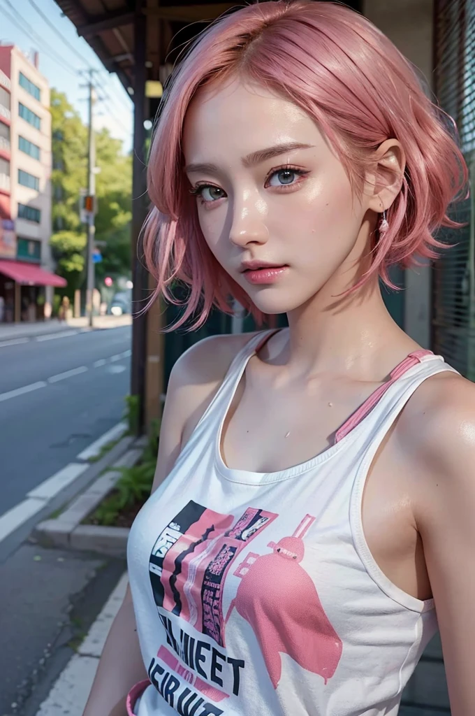 (Ultra Real), (Illustration), (High Definition), (8K), (Very detailed), (Best Illustration), (Beautiful detailed eyes), (Best Quality), (ultra-detailliert), (masutepiece), (Wallpaper), (Detailed face), drooing eyes,Sweat,Upper Body Up,Short hair,Pink hair,Simple White Tank Top Girl, japanes, Huge,street wear, T-shirt, Skirt