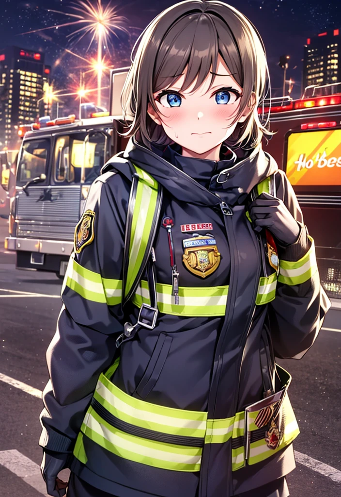 masterpiece, best quality, 1girl, watanabe you, looking at viewer, blush,, bangs, small breast,, short hair,,blue eyes, firefighter suit, firefighting gear, fire kit, sweaty, dirty, smudgy, tired, toned body, abs, , standing in front of a red firetruck, candid shot, looking at the camera, night scene, dramatic lightning, heavy atmosphere