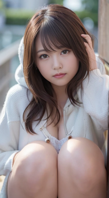 Smile、natta、Raw photography、(((Portrait of extreme beauty)))、((glistning skin))、1人、17-year-old beautiful girl in Prague、bright expression、((brown haired))、(cleavage of the breast)、(Larger hoodie)、[Big blue eyes that shine like jewels]、Glossy glossy skin、Silky long straight hair、eye liner、Beautiful bangs、Hair between the eyes、((​masterpiece、top-quality、ultra-detailliert、Film Light、intricate-detail、hight resolution、ighly detailed))、细致背景、8KUHD、Digital SLR、Soft light、hightquality、Film grain、FujifilmXT3 、Shallow depth of field、natural soft light、Kamimei、beutiful breast、((Angle up to the knee))