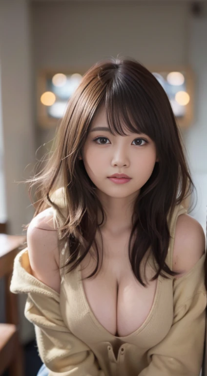 Smile、natta、Raw photography、(((Portrait of extreme beauty)))、((glistning skin))、1人、17-year-old beautiful girl in Prague、bright expression、((brown haired))、(cleavage of the breast)、(Larger hoodie)、[Big blue eyes that shine like jewels]、Glossy glossy skin、Silky long straight hair、eye liner、Beautiful bangs、Hair between the eyes、((​masterpiece、top-quality、ultra-detailliert、Film Light、intricate-detail、hight resolution、ighly detailed))、细致背景、8KUHD、Digital SLR、Soft light、hightquality、Film grain、FujifilmXT3 、Shallow depth of field、natural soft light、Kamimei、beutiful breast、((Angle up to the knee))