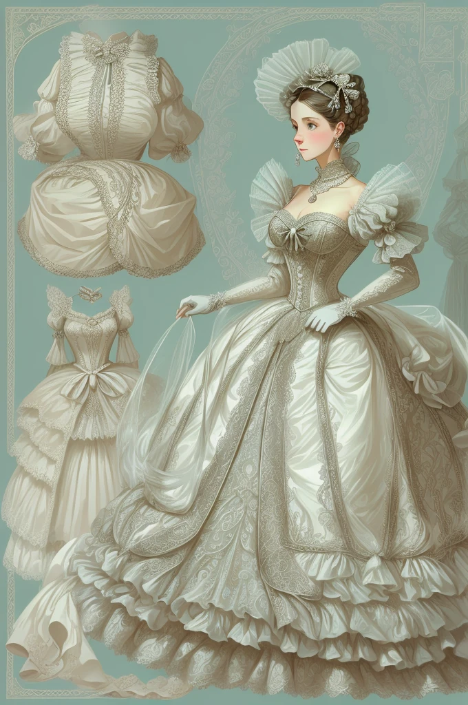 Fairytale Illustration, A Stately and Elaborate Royal Victorian Court Dress of silver damask adorned with (((bows))), poufs, ruffles, frills, lace, (((embroidery))), and jewels,, with (((enormous puffed sleeves))), an hourglass waist, and a (((huge crinoline hoopskirt))) long white gloves, pearl necklace and earrings