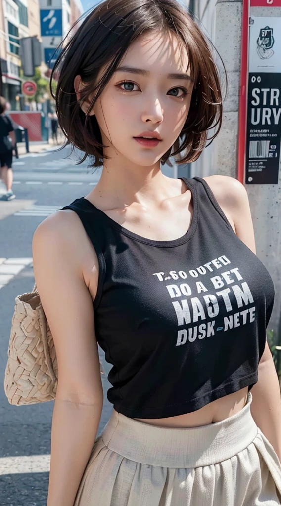 (Ultra Real), (Illustration), (High Definition), (8K), (Very detailed), (Best Illustration), (Beautiful detailed eyes), (Best Quality), (ultra-detailliert), (masutepiece), (Wallpaper), (Detailed face), drooing eyes,Sweat,Upper Body Up,Short hair,Simple White Tank Top Girl, japanes, Huge,street wear, T-shirt, Skirt