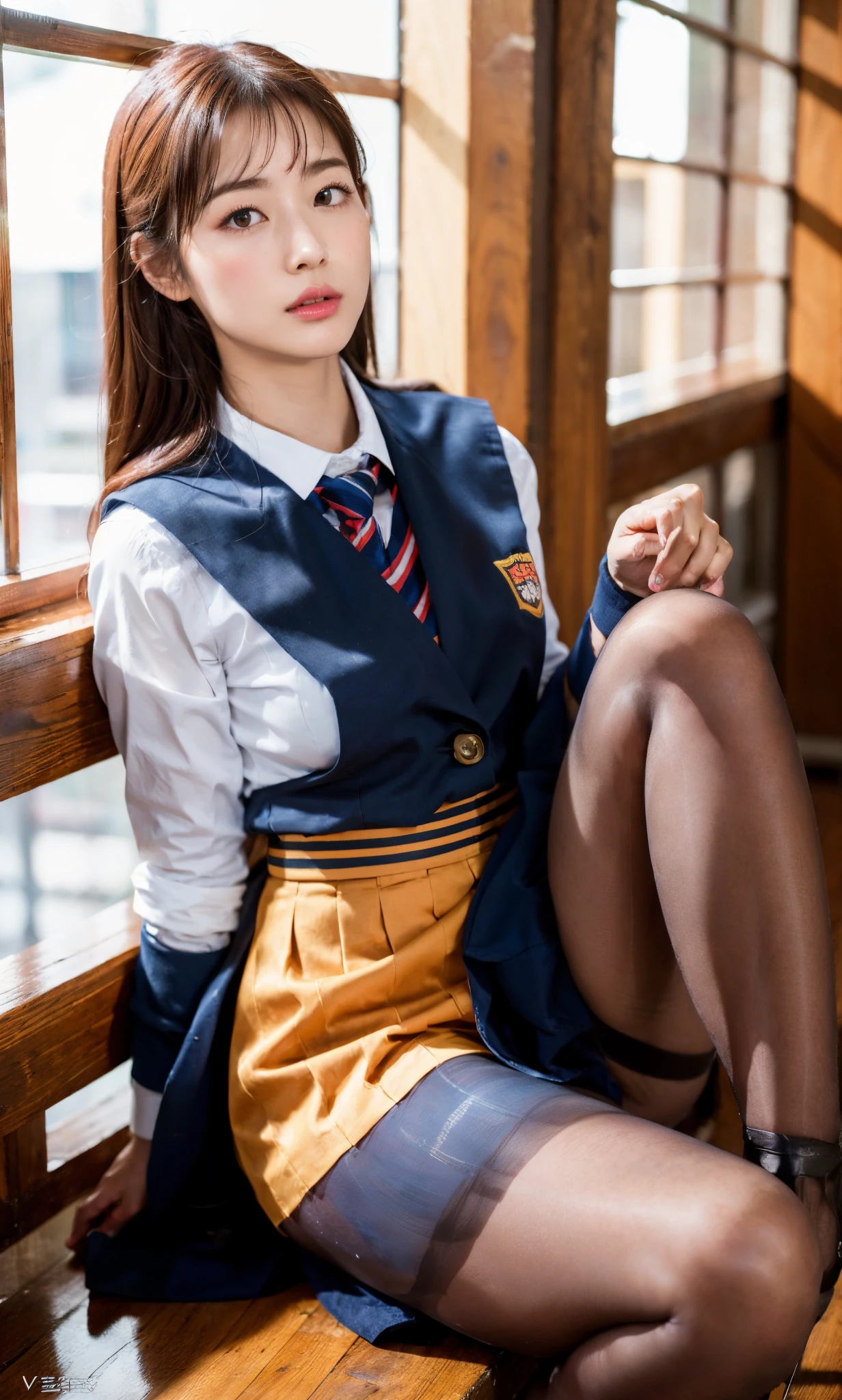 ulzzang -6500-v1.1, (Raw photo:1.2), (Photorealistic:1.4), Beautiful detailed girl, Very detailed eyes and face, Beautiful detailed eyes, Ridiculous, Incredibly ridiculous, Huge file size, super detailed, High resolution, Very detailed, Best Quality, masutepiece, Kemomimi, ((Japanese girls' high school uniform)), Illustration, Very detailed, nffsw, unified, 8K Wallpaper, amazing, Fine details, masutepiece, Best Quality, Highly detailed ticker uniform 8k wallpaper, Light on Face, Cinematic lighting, 1girl in, 16 years old, (()), ((Dynamic Pose))), (Camel toe), (half), (pantyhose), (knee-bending leg sitting))