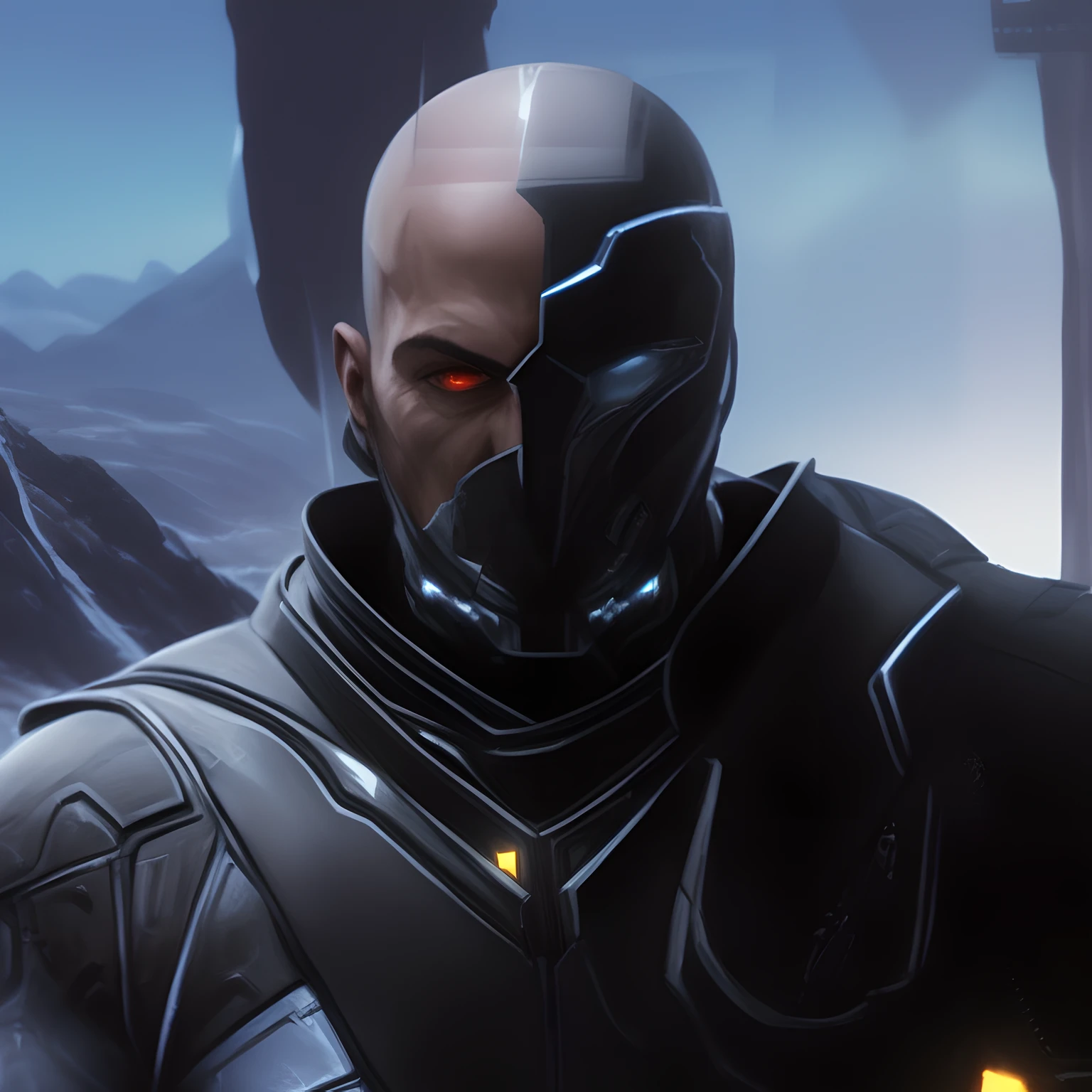 arafed man in a futuristic suit standing in front of a mountain, metabaron, turian, inspired by Rajmund Kanelba, bioware, starcraft 2 videogame character, clothed in stealth armor, clothed in sci-fi military armor, dren from splice, face of an armored villian, anfas portrait of a mech warrior