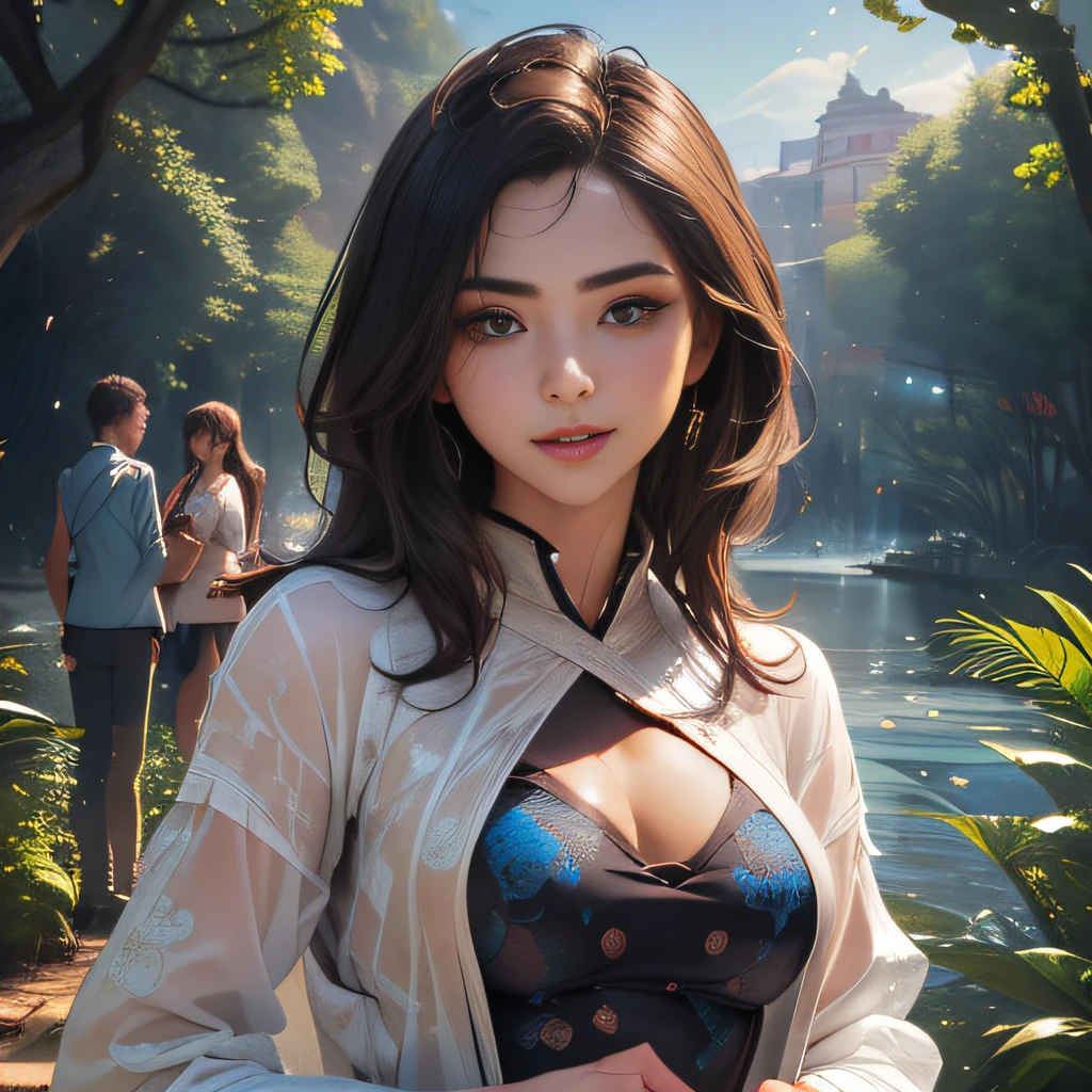 (Extremely detailed 8k wallpaper:2), (photo:2), (25 years old soigne Beautiful girl:2), (gives a lecture to friends:2), detailed (Face and eyes), (hyper realistic:1), (highly detailed:1), (epic realistic:1), rim light, (maximum details:1), cozy, (fullbody:1.3), (looking at viewer:2), (Woman's Attractive Qualities:2), (Attractive Woman:2), (Attractive:2), Smile, Intelligence, Empathy, Gracefulness, Sense of Style, Fitness, Grooming, Optimism, (Sensitivity:2), Sincerity, Romantic Gestures, Playfulness, Fashion Sense, (Sensuality:2), Charm, Modesty, Thoughtfulness, (Femininity:1), Flirtatiousness, Warmth, (Physical attractiveness:2), A beautiful smile, A love of life, strength and power, vulnerability, curiosity, wonder, love, (nature background:2), kawaii, waifu, Beautiful breasts, (attractive body:2), (Beautiful body:2), Beautiful pose, attractive pose, (Beautiful legs:1.0), (Beautiful clothes:1), (classic clothes:2), (elegant clothes:2), (European clothes:2), detailed clothes, (skirt:1), (blouse:1), (provocative pose)