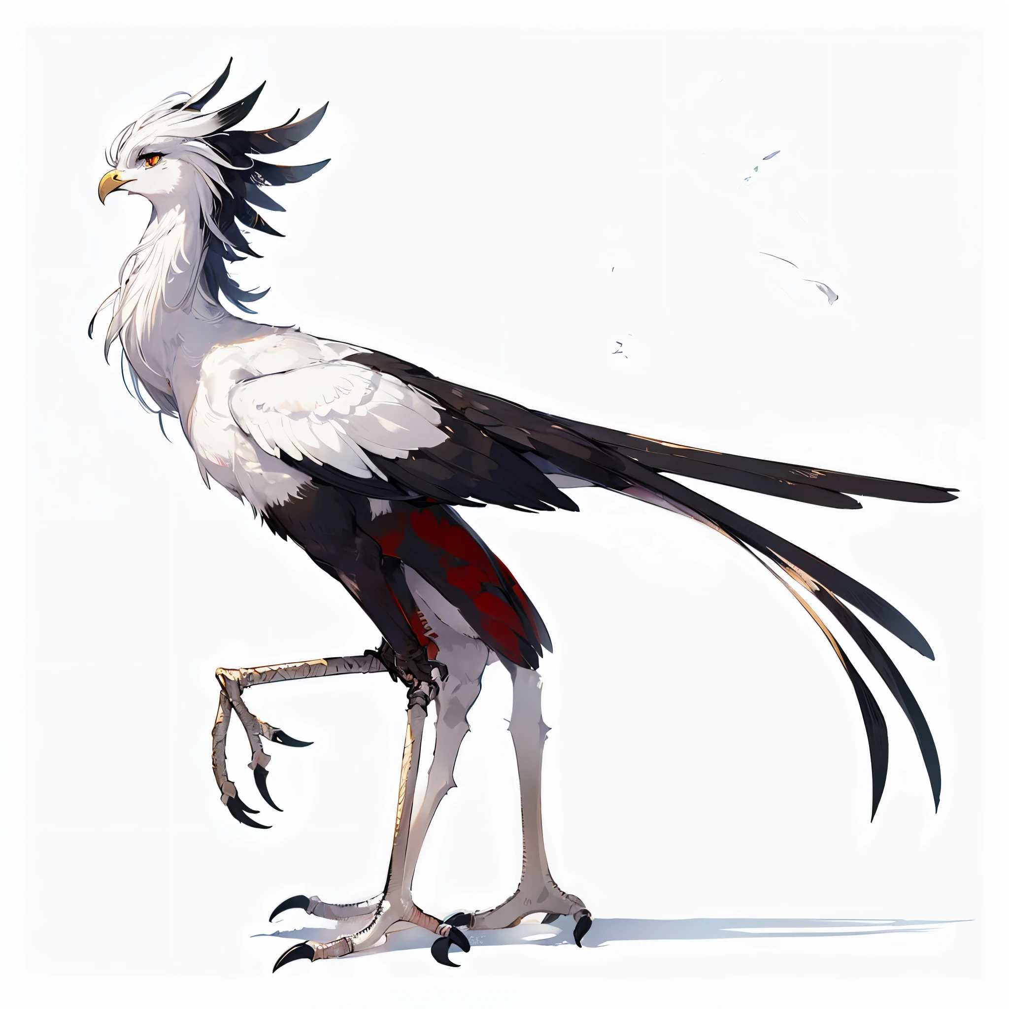 A humanoid Secretarybird. Full body image. anime style. female. quadrupedal walking.