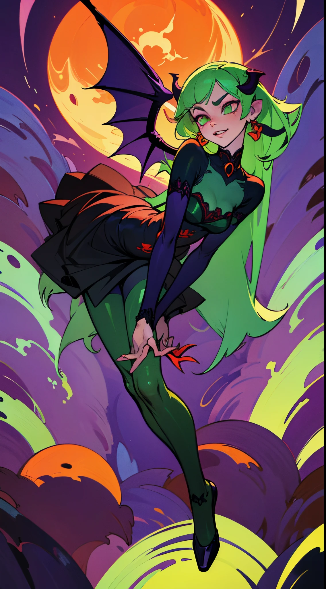 (best quality, masterpiece, colorful, dynamic angle, most detailed) full body, succubus girl, goth, big red demon wings (high resolution textures), long green hair, (abstract art), half demon, crimson iris of a cat, cat's eyes, very long vampire fangs, (intricate detail, hyper-detailed: 1.15), detailed, moonlight passing through hair, (official art, extremely detailed, more detailed),