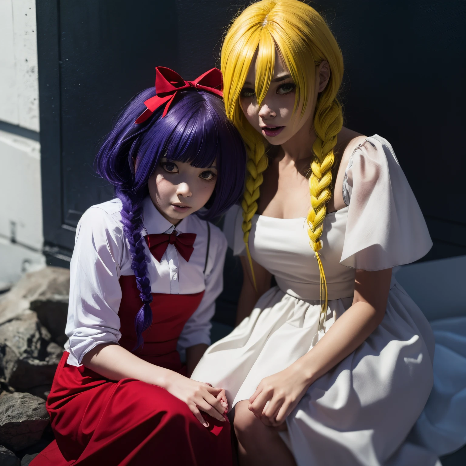 2Girls, ((bright yellow hair)), yellow braids, blue and white frock, green eyes, brown shoes, frock in white and crimson fabrics, BREAK Girl, purple hair, red and white frock, Holes for Eyes, bleeding eyes, Horror, red bow in the hair, brown shoes, frock in white and crimson fabrics, Horror, scary girl