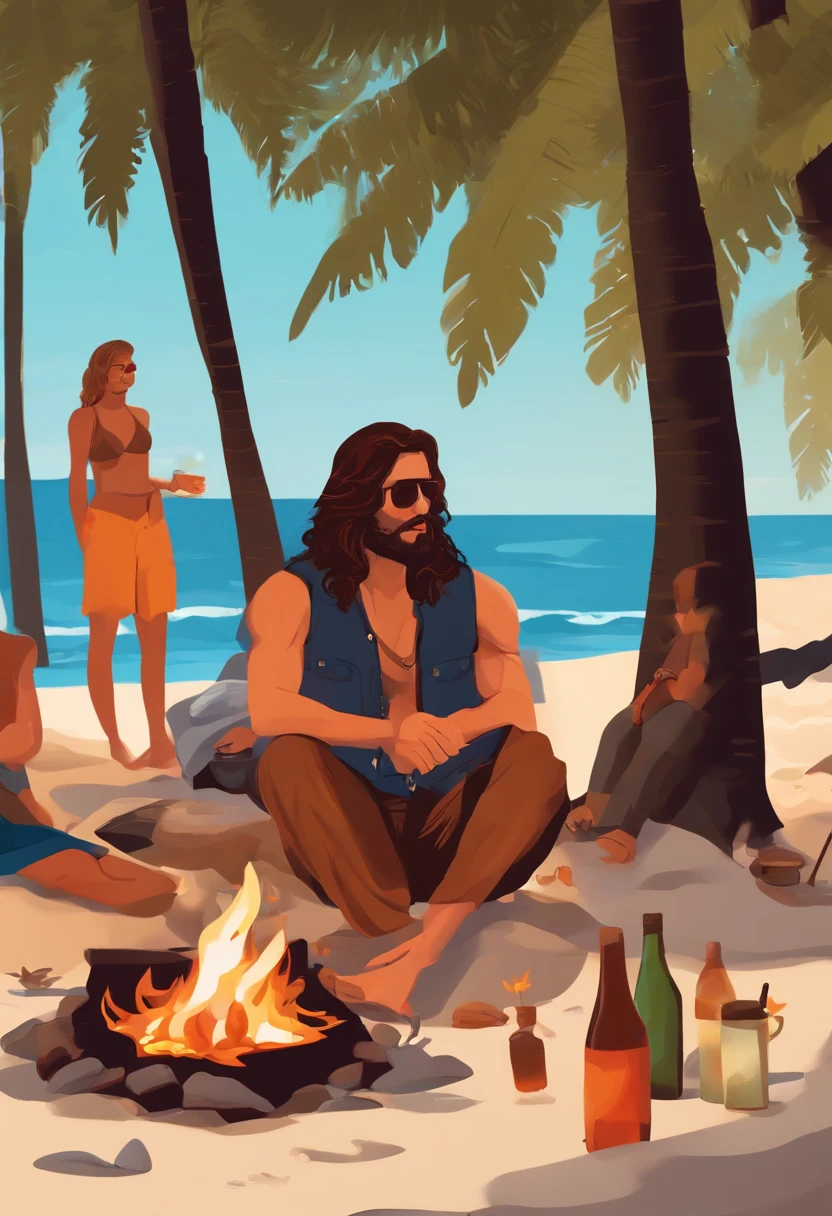 A photo of the character sitting by a bonfire on the beach, surrounded by friends and passing a joint.,original,long hair, scruffy dressed, always has a bong in hand