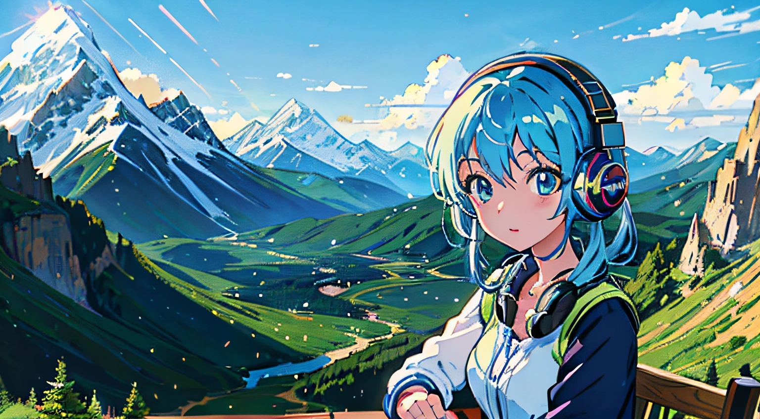 8k portrait of a beautiful blue haired anime girl with headphones listening to music sitting on a mountain in a magical fantasy world