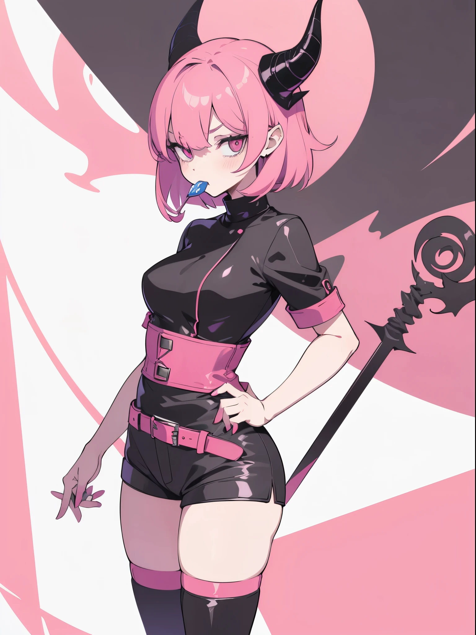 Flat design, flat color, Adobe Illustrator, solid color, deformed design, tall girl with devil horns, languid glance, lick a lollipop, short bob, high-neck rib knit top, leather shorts, high waist, absolute territory, black knee-high boots, coexistence of shocking pink and black.