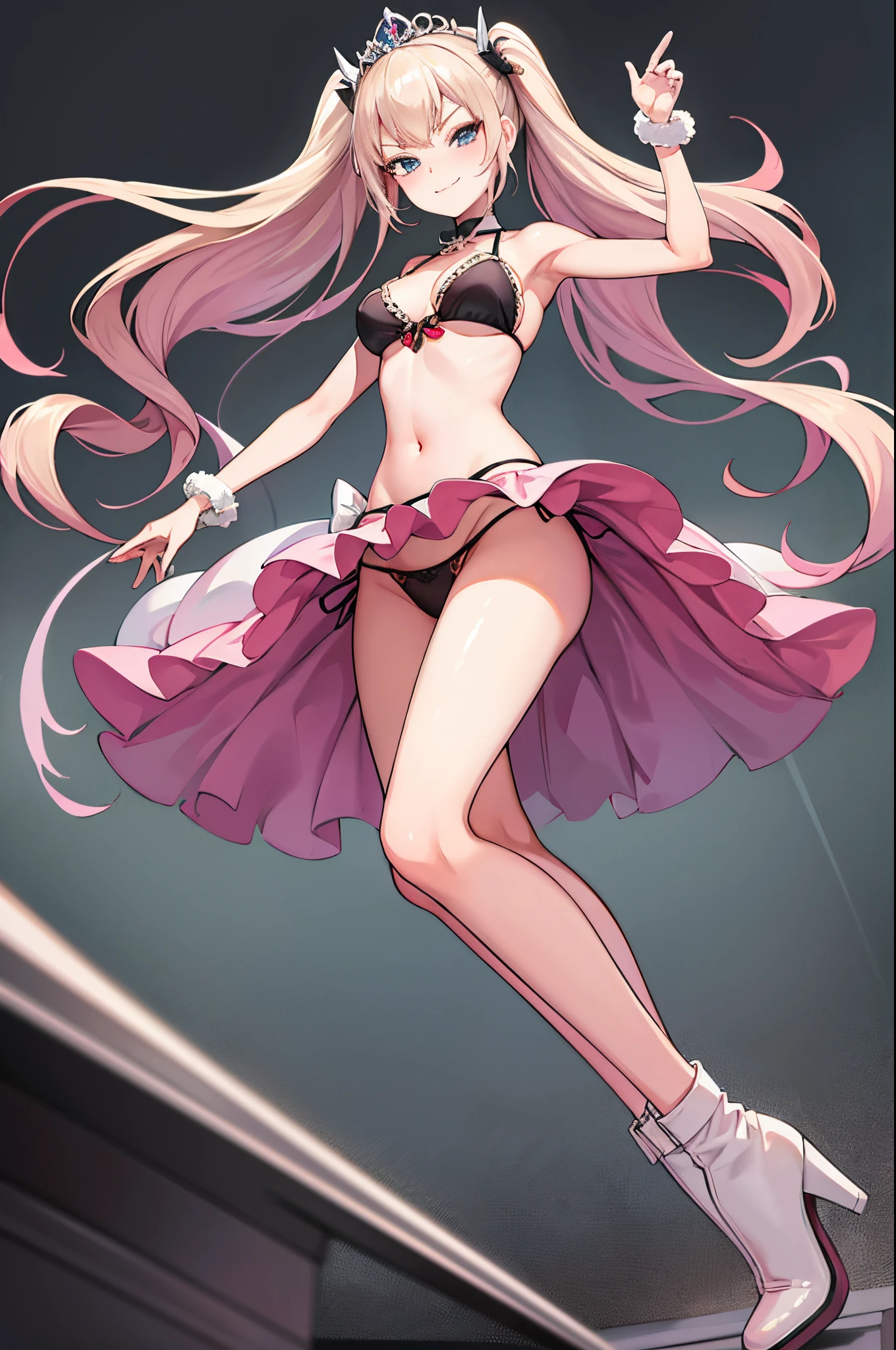 Full body, Cute Flawless barbie doll, young, arrogant, confident, hair bow, evil smirk, mean, thin, (bikini), high-heeled boots, tiara, looking at viewer, from below, masterpiece, 8k, super detail, best quality