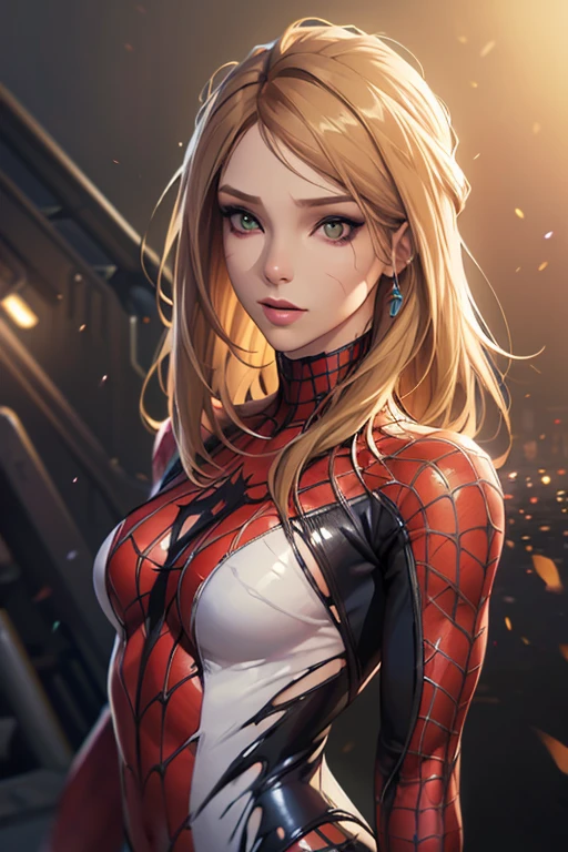 (best quality, masterpiece, colorful, dynamic angle, highest detailed) upper body photo, fashion photography of cute,  brown hair with blonde highlights, torn spiderman suit,(ultrahigh resolution textures), in dynamic pose, bokeh, glowing web, (intricate details, hyperdetailed:1.15), detailed, light passing through hair, colorful art flat background(official art, extreme detailed, highest detailed), calmart, revealing clothes, coquettish, sexy action pose, living clothes, shiny skin, dripping in fluids, sticky fluids on skin, LifeStrangeRachel, calmart