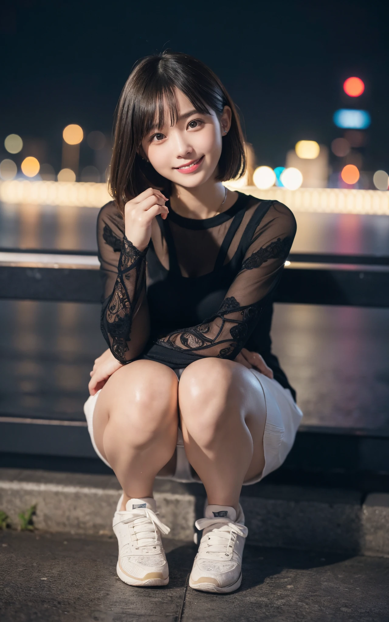 Innocent 20 year old girl, ((girl squatting behind)), Smile,night city background,short-cut、Raw photo, perfect proportion, (8K, top-quality, masterpiece:1.2), (intricate detailes:1.4),