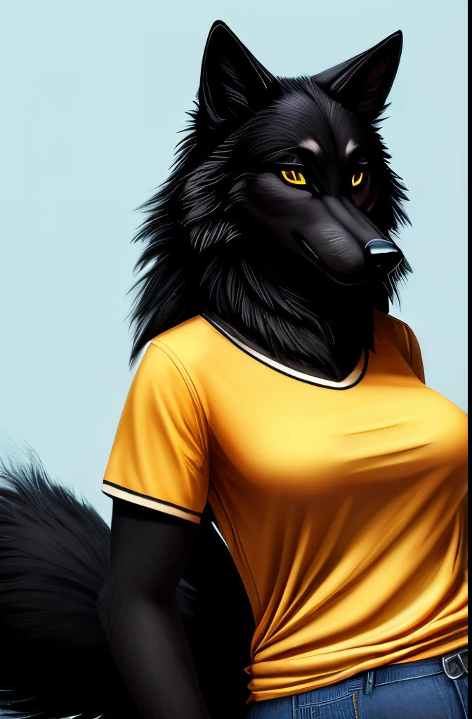 masterpiece, high resolution, detailed, simple background, (female black wolf anthro:1.5), cool, beautiful, full body, looking at viewer, faint smile, casual clothing