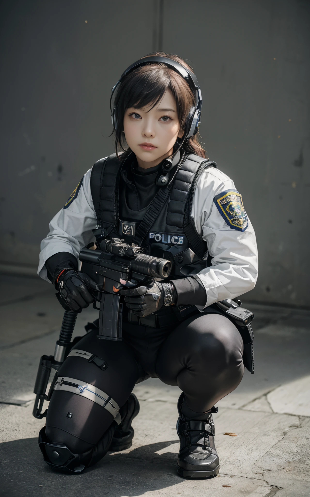 Top Quality, Ultra High Definition, (backlight), (Photorealistic: 1.4), (cowboy shot:1), 1 Beautiful Girl, (Kpop Idol), Detailed Face, (Hair Style: Pink:1, fullbang, shortbob-style:1), Contrapposto, Perfect Anatomy, Smooth Skin, Professional Lighting, ((wearing Futuristic Police Racing Suits, police wappen, High-tech Headset, military harness, racing gloves, machinegun)), ("POLICE", Cloths colors based on silver pink black white), (background, crashed cars, fire, (Explosion)),