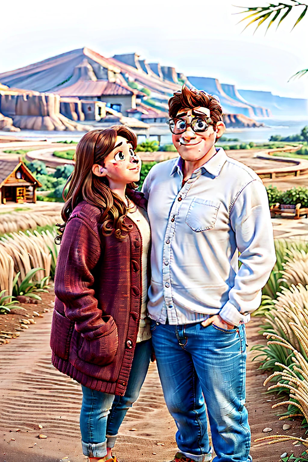 Disney Pixar movie poster of a couple, the man is 6' with a wide frame and curly dark brown hair a round face and narrow square glasses. he is wearing a very light tan button up with blue jeans and gray tennis shoes. the woman is 5' 4 plus size curvy with small chest with straight dark brown shoulder length hair with a white shirt and red cardigan and blue jeans