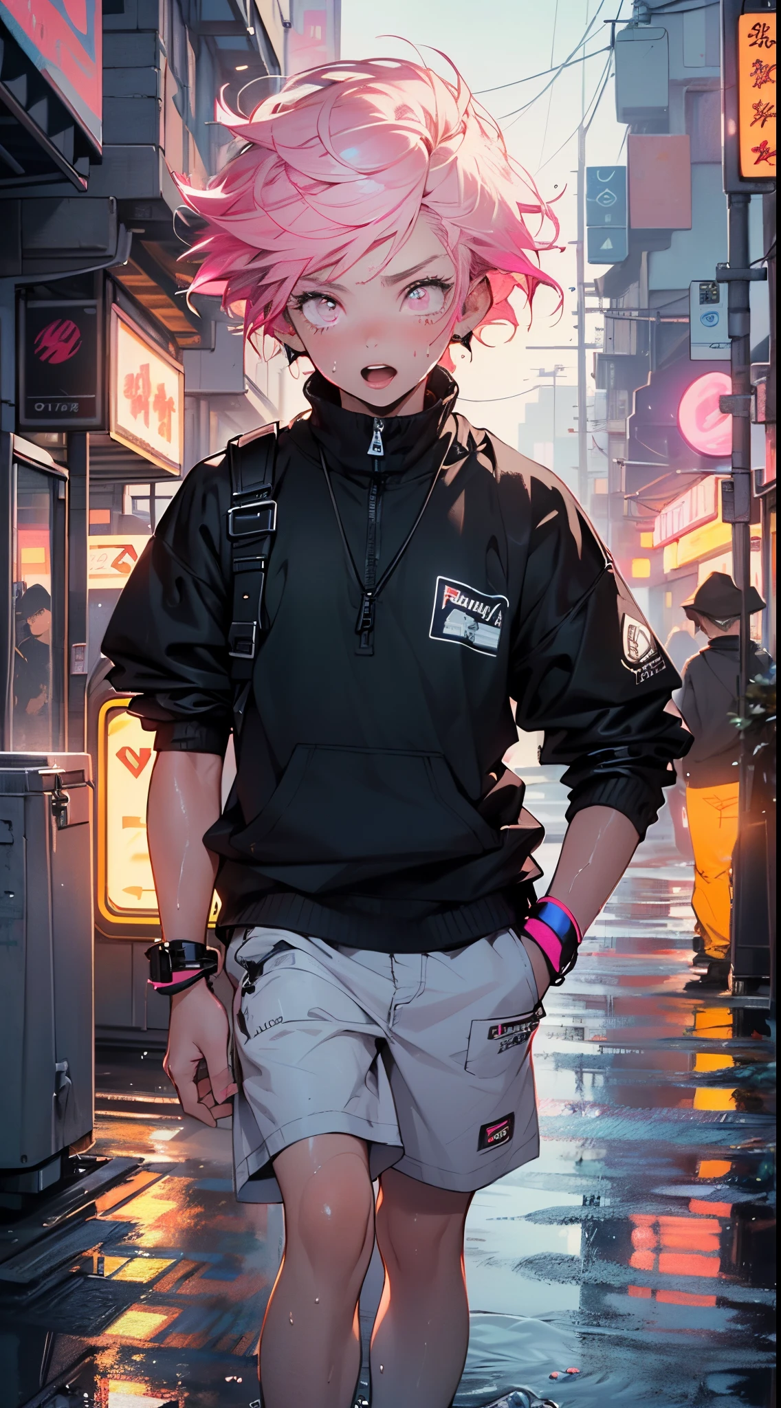(1child:1.3),(1boy:1.5),-yeld,teger,femboy,Libido boy,Female physiognomy,
little boittle boy,boy,d only,child,1b(malender:1))pink hair,short detailed hair,(((neon_pink_eyes:1.3))),intricate eyes,beautiful detailed eyes,symmetrical eyes,big eyes:1.5,child's chest,((kid body,a little chubby,good anatomy,accurate body proportions,detailed shota body for young boy,perfect anatomy))),
serious and thoughtful man,(nsfw),
flat chest,((fat)),(((lustrous skin:1.5,bright skin: 1.5,skin tanned,shiny skin,very shiny skin,shiny body,plastic glitter skin,exaggerated shiny skin,illuminated skin,wet legs))),(detailed body),
collar around his neck,The collar is attached to a thick dog leash,(tiny bulge on pants),Sweatshirt,revealing clothing,show skin,(micro clothes,rave fashion,visible thong straps,accessories LED),((underpants strap)),((wet clothes,intricate outfit,intricate clothes)),
(dynamic pose:1.0),solo focus,(embarrassed,open mouth),(centered,scale to fit dimensions,Rule of thirds),
cyberpunk city by the ocean at night, with bright neon signs and dark stormy clouds and puddles, scenery:1.25,nighttime, starry night, cosmos,Very dark night that makes the neon lights stand out, very bright neon lights,nighttime, starry night, cosmos,
artistic photography,(photography taken by sldr),highres, sharp focus,(ultra detailed, extremely detailed), (photorealistic artwork:1.37),(extremely detailed CG unity 8k wallpaper),((synthwave background theme)),(((vibrant colors))),intricate,(intricate background),(masterpiece),(best quality),perfect rendered face,perfect face details,realistic face,photo realistic,analog style,((intricate detail)),(((realism))),