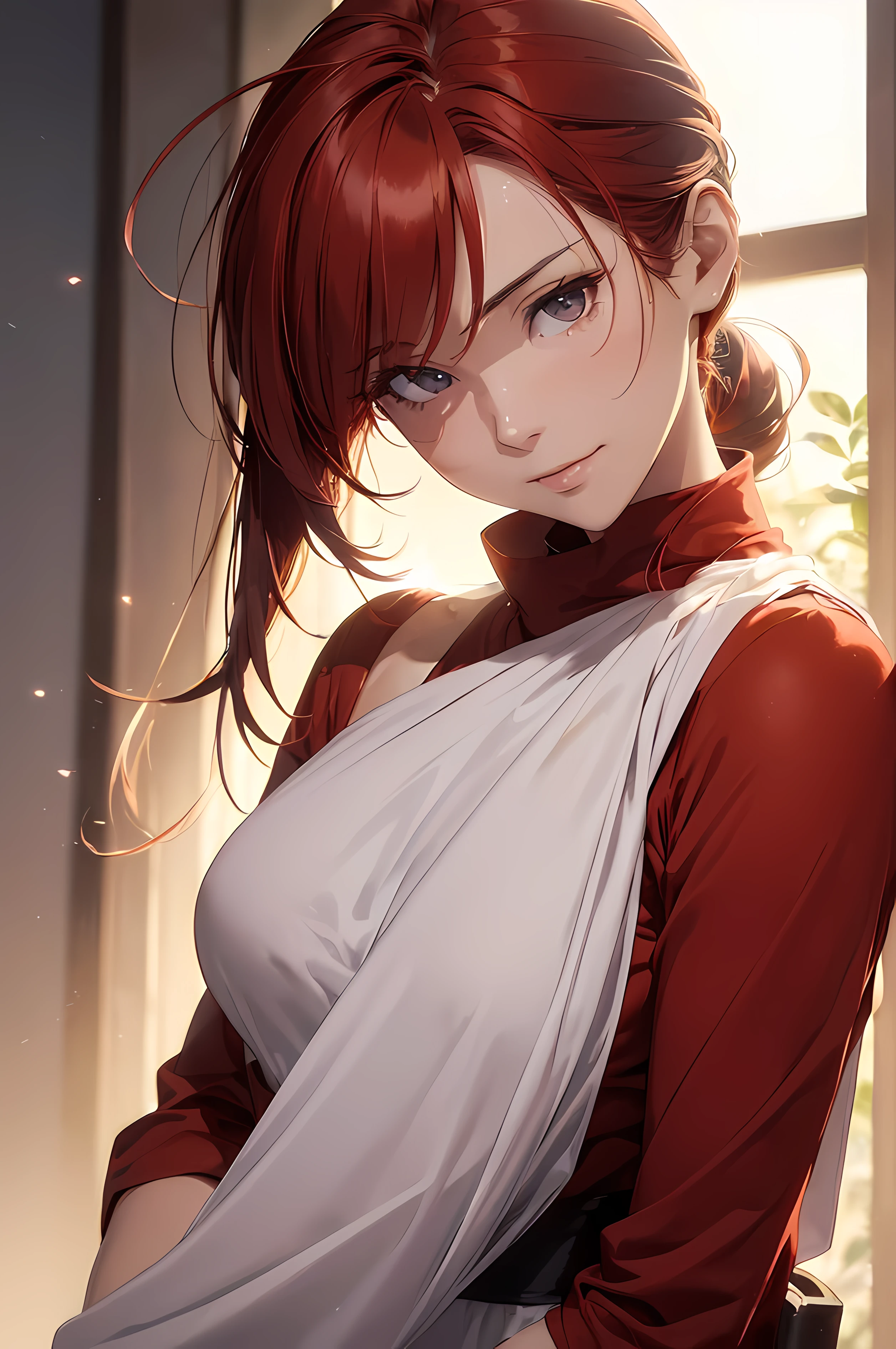 makima from chainsawman, yellow vivid eyes, wearing an elegant wedding dress, cleavage, open shirt, hair braided, standing, church setting, red petals raining down, seated guests, excited, smiling