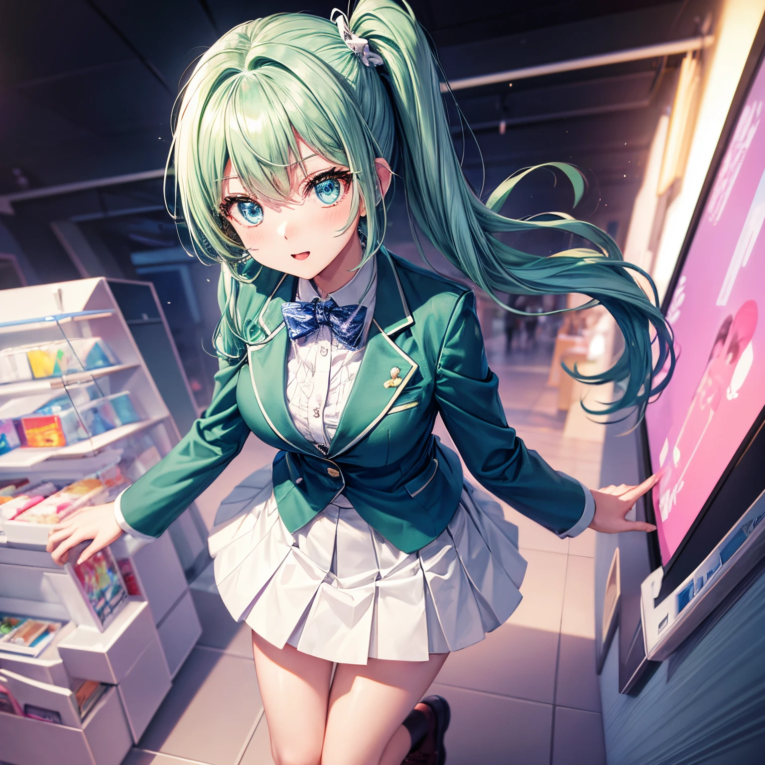 one girls、animations、Side pony、Green hair、blue eyes、blazers、(Plain white shirt)、(skirt by the)、Zito-order、hightquality、best qualtiy、Front perspective、full body Esbian