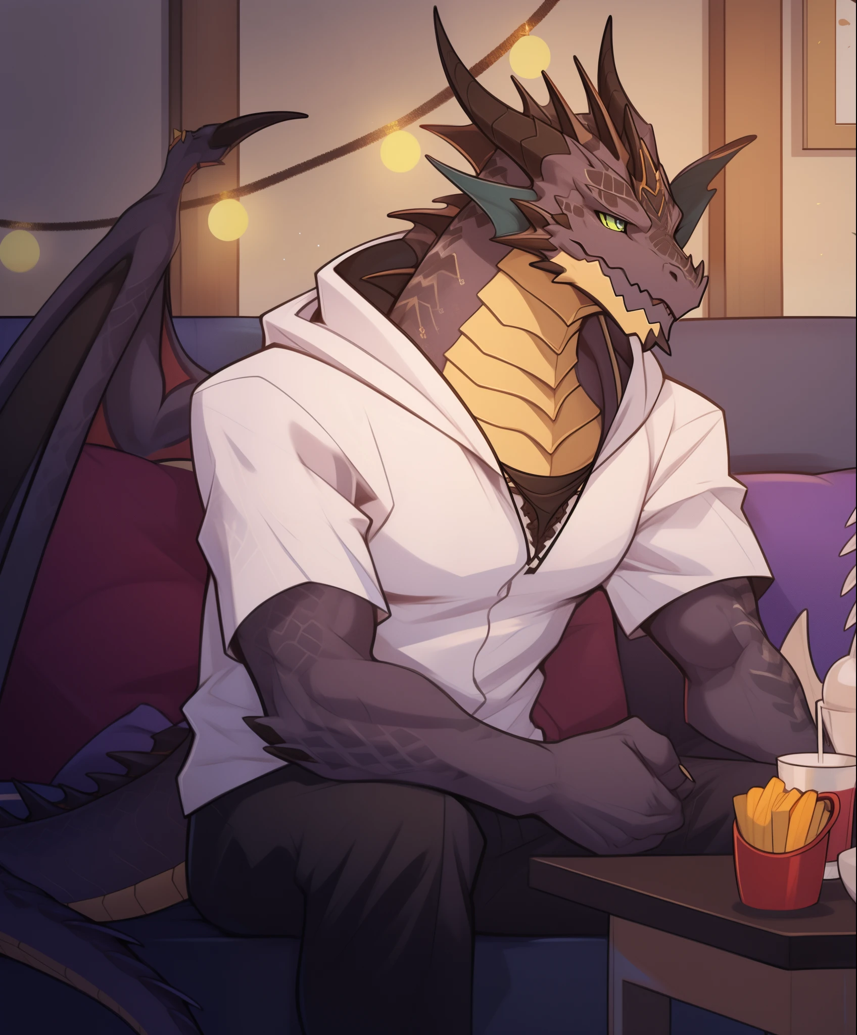 black scale dragon(species),Terno casual,olhos verdes profundos,figura tonificada,Personalidade nebulosa,segurando uma arma pistolade bolso,sitting on couch,