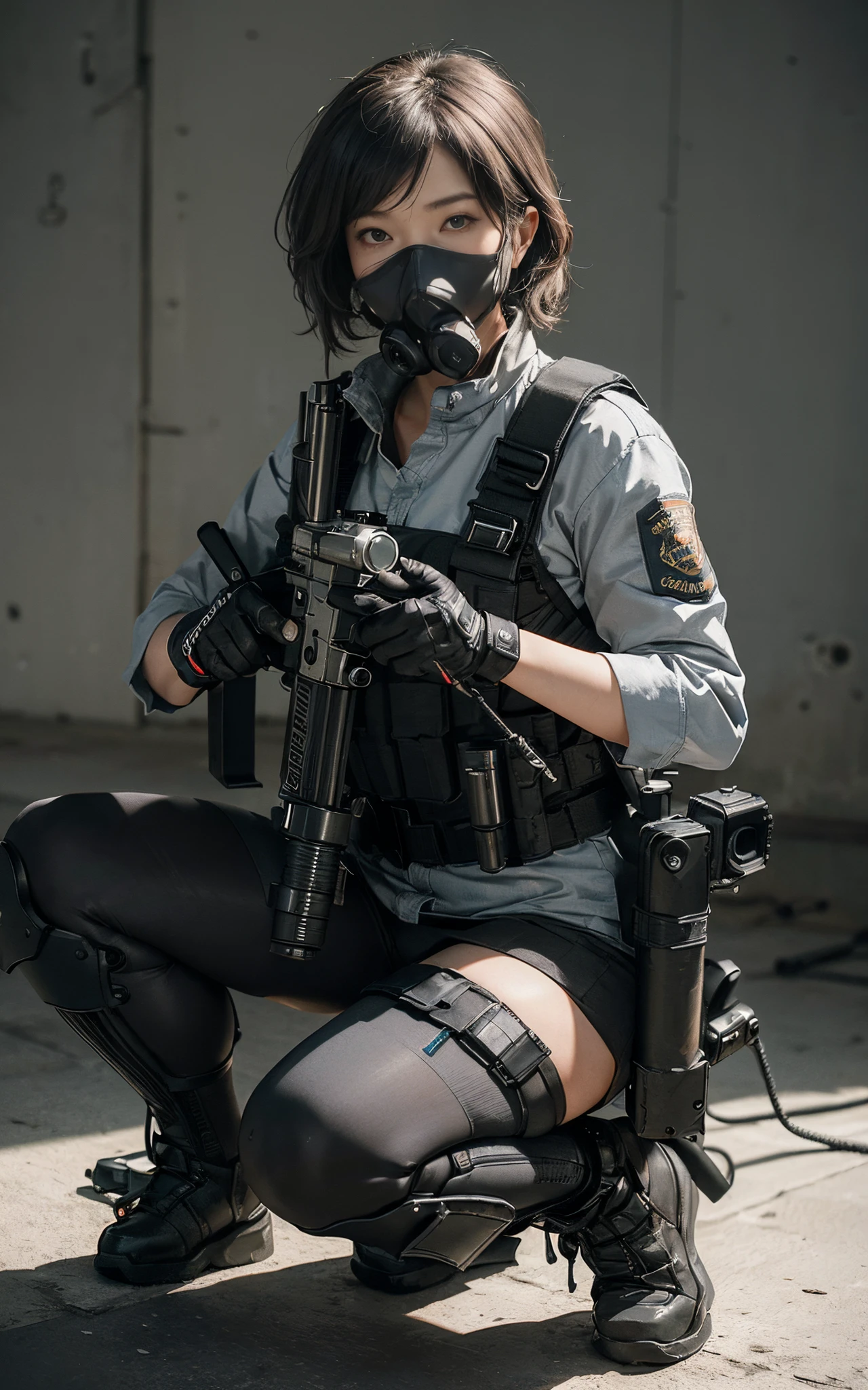 ((best quality, (masterpiece), photorealistic, photorealism, Photorealistic, high resolution)), 1girl full body, aiming with an assault rifle, another girl squatting behind, Combat pose, a bit chubby, (Detailed face), (wearing rash-guard likes police uniform, gloves, black and grey mecha, wearing futuristic-gasmask, black tights, military harness, holding a machinegun, carrying hich-tech-launcher), background grey wall, Fingers are occluded