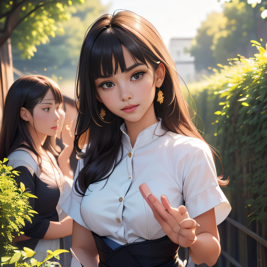 (Extremely detailed 8k wallpaper:2), (photo:2), (43 years old soigne Beautiful girl:2), (gives a lecture to friends:2), detailed (Face and eyes), (hyper realistic:1), (highly detailed:1), (epic realistic:1), rim light, (maximum details:1), cozy, (fullbody:1.3), (looking at viewer:2), (Woman's Attractive Qualities:2), (Attractive Woman:2), (Attractive:2), Smile, Intelligence, Empathy, Gracefulness, Sense of Style, Fitness, Grooming, Optimism, (Sensitivity:2), Sincerity, Romantic Gestures, Playfulness, Fashion Sense, (Sensuality:2), Charm, Modesty, Thoughtfulness, (Femininity:1), Flirtatiousness, Warmth, (Physical attractiveness:2), A beautiful smile, A love of life, strength and power, vulnerability, curiosity, wonder, love, (nature background:2), kawaii, waifu, Beautiful breasts, (attractive body:2), (Beautiful body:2), Beautiful pose, attractive pose, (Beautiful legs:1.0), (Beautiful clothes:1), (classic clothes:2), (elegant clothes:2), (European clothes:2), detailed clothes, (skirt:1), (blouse:1), (provocative pose)