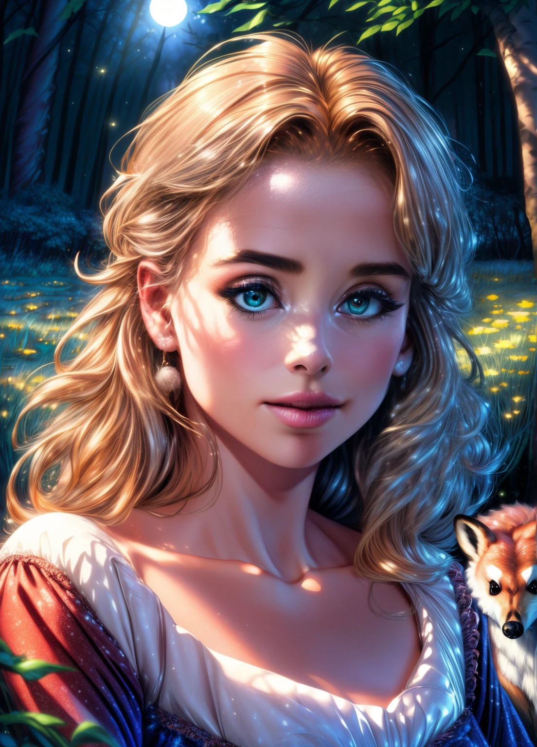 (best quality,4k,8k,highres,masterpiece:1.2),ultra-detailed,(realistic,photorealistic,photo-realistic:1.37),Enchanted forest, *********** illuminated by the soft moonlight,playful foxes,graceful fawns,adorable cubs,wise owls,cute bunnies,prickly hedgehogs gather under the celestial beauty,portraits,landscape,photography,vivid colors,warm tones,soft lighting,peaceful ambiance