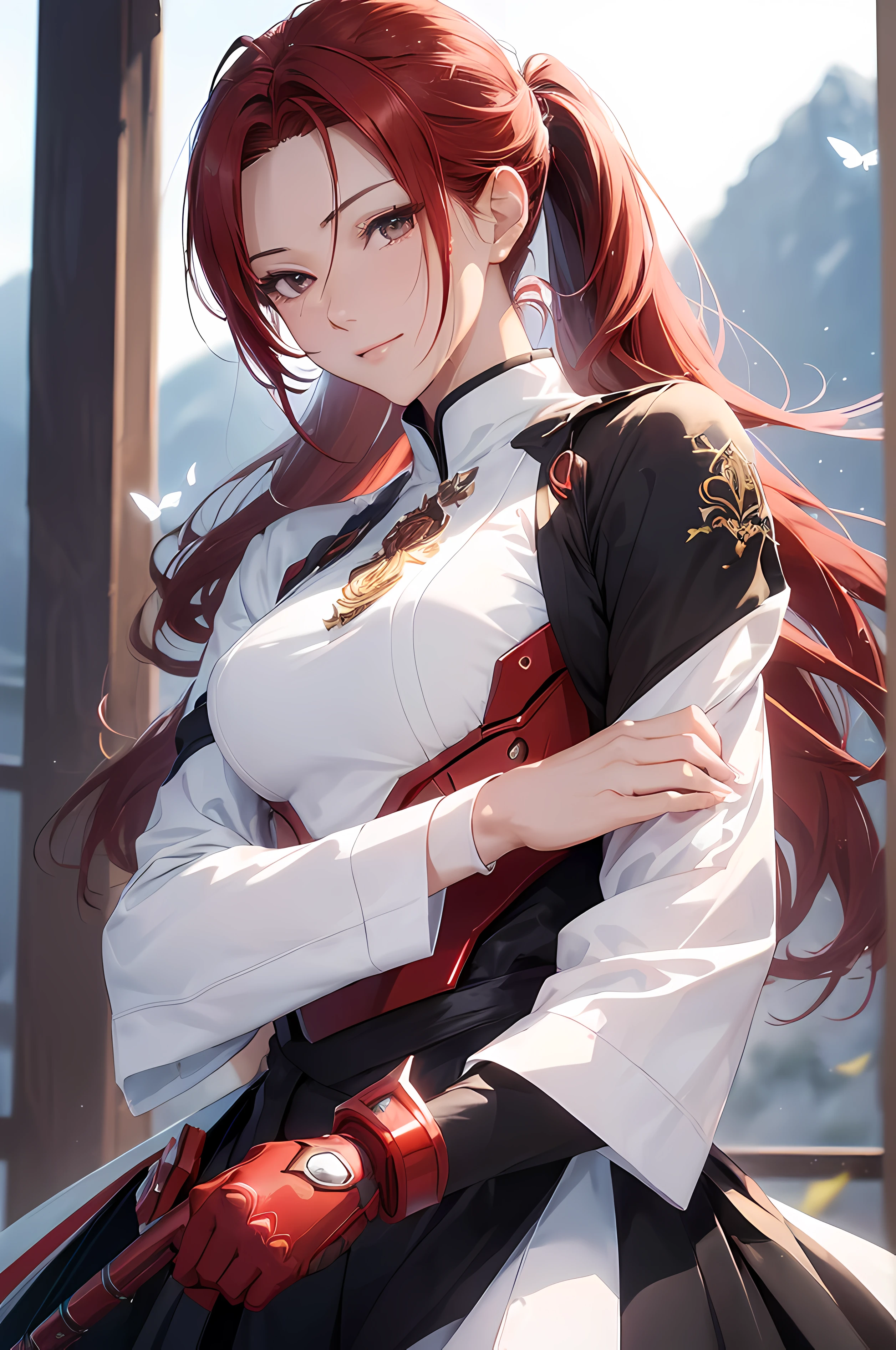 A beautiful woman, ((( red sniper, weapon, mantle))), ((perfect body figure, beautiful face, beautiful face, milf, age 46, royal, red color hair, ponytail hair style, beautiful skin, Extremely details hair, fine details)), (((cinematic lighting, beautiful lighting effect, creative design, full body frame, divine aura, hard harmony , shining light, perfect color transition, perfect balance of contrast, perfect color layer, perfectly smooth color blur, soft rendering, smooth color stroke, sun glare, optic lens, light ray, soft colors, smooth colors blend, perfect color rendering, harmony, perfect color harmony, beautiful color, soft harmony, light particles, perfect details, intricate details, color prism, fine details, refine details))), Tachibana Omina art style, affectionate eyes, half a smile, slightly open mouth, a gentle expression on his face, top of mountain, breeze and sunlight in the background, butterflies in the sky, realism, ((Best quality))),8k,((Masterpiece)),(Extremely refined and beautiful)