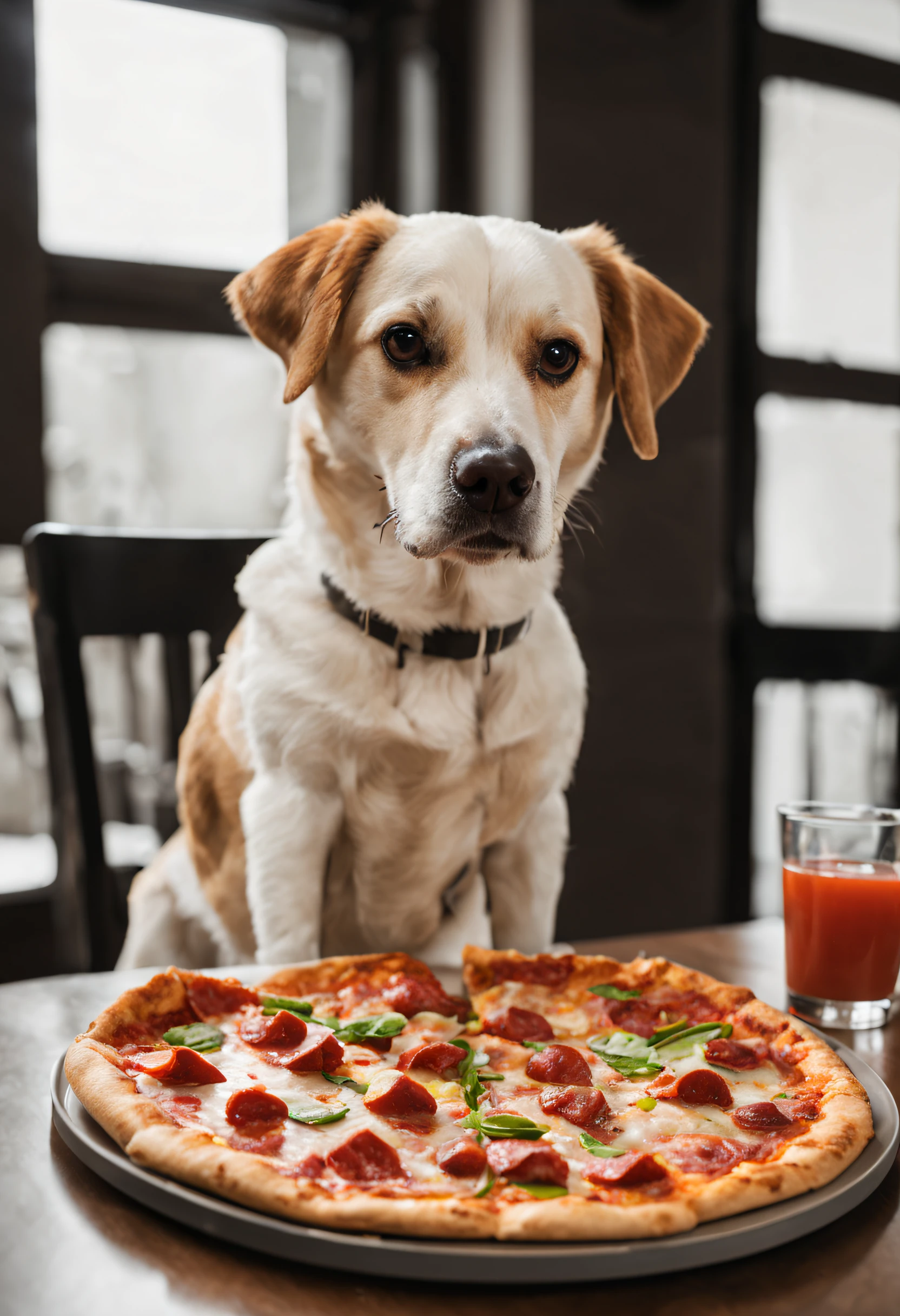 Dog sitting at a table, eating a pizza.