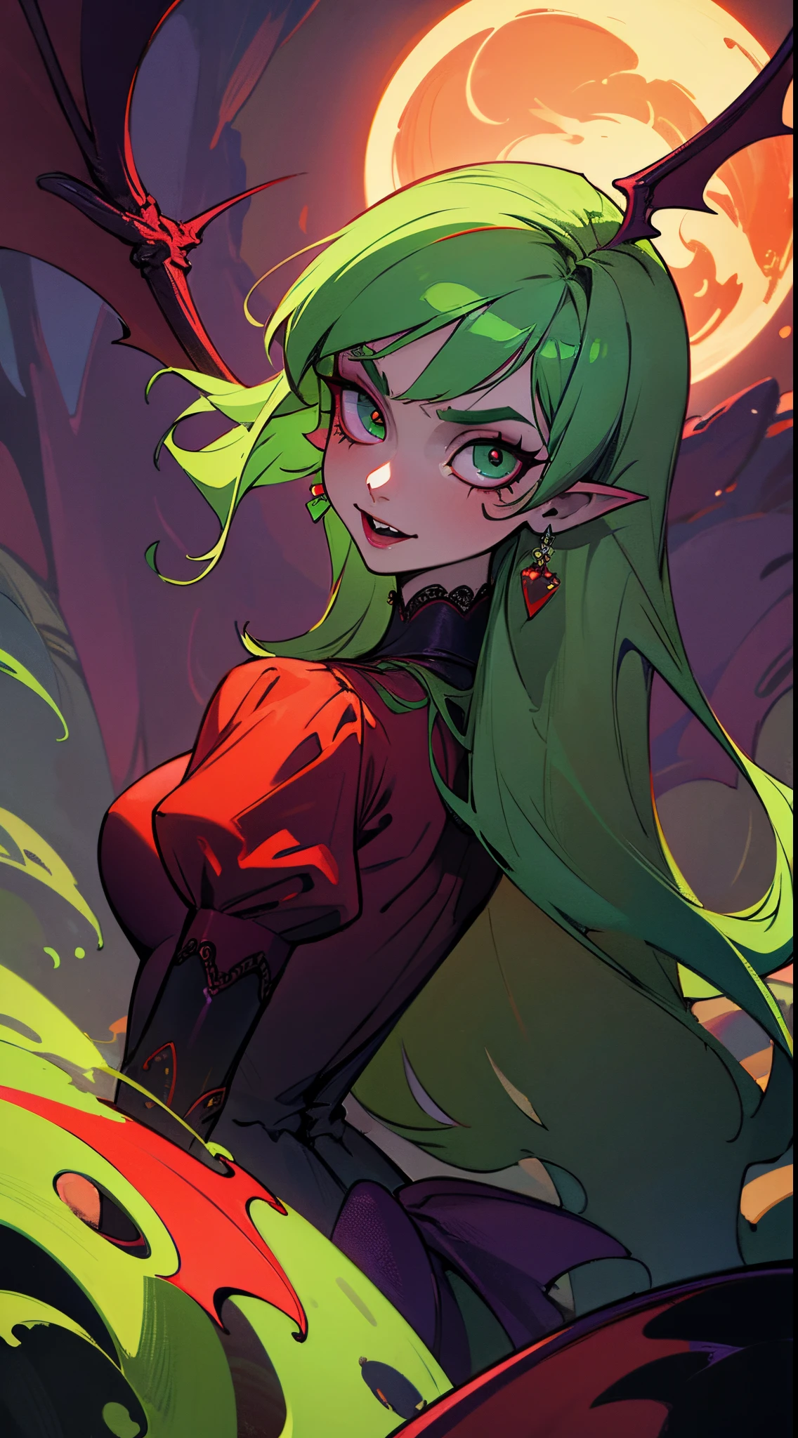 (best quality, masterpiece, colorful, dynamic angle, highest detailed)upper body photo, fashion photography of cute succubus girl, gothic, large demon red wings (high resolution textures), long green hair, (abstract art), half demon, crimson cat iris, cat eyes, vampire very long fangs, (intricate details, hyperdetailed:1.15), detailed, moonlight passing through hair, (official art, extreme detailed, highest detailed),