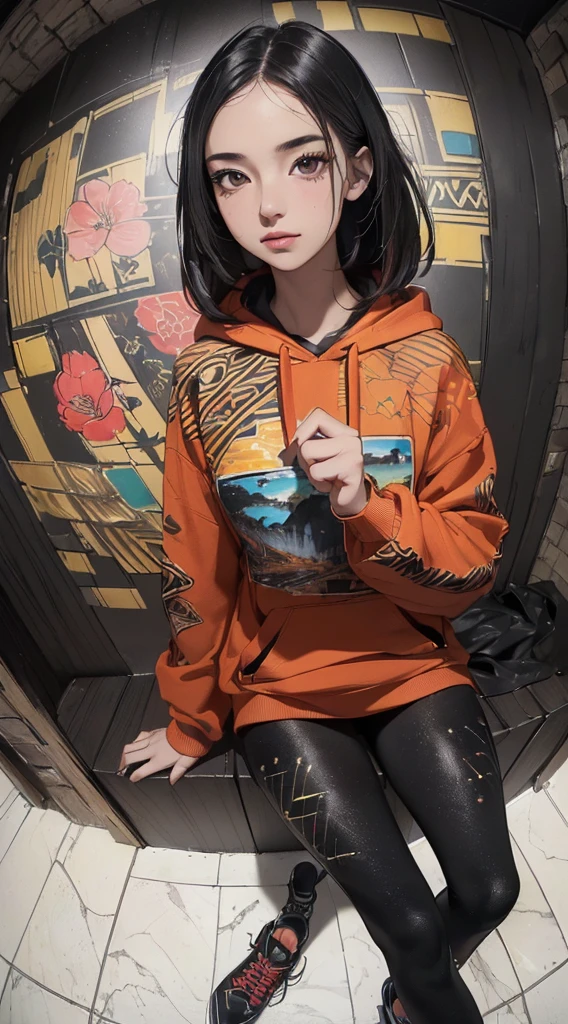 (((8k wallpaper of extremely detailed CG unit:1.2, masterpiece, hight resolution:1.2, top-quality:1.2, masutepiece))), ((a very beautiful woman, Figure with both hands behind the head:1.8, Grunge Fashion, Wearing a colorful hoodie, Black leggings, Wearing shoes)), ((extra detailed face, Highly detailed black eyes, extra detailed body, Top quality real texture skins)), (A dark-haired, length hair, de pele branca, Small), ((colorful geometric pattern wall, Colorful wall)), (high-angle:1.2, Fisheye:1.3), hyper realisitic, digitial painting,