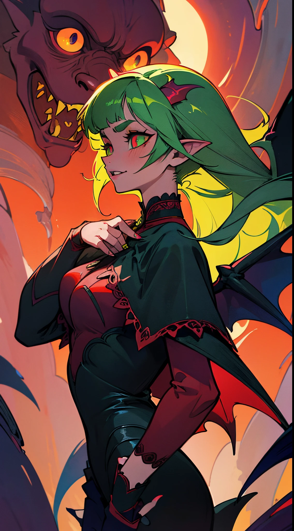 (best quality, masterpiece, colorful, dynamic angle, highest detailed)upper body photo, fashion photography of cute succubus girl, gothic, large demon red wings (high resolution textures), long green hair, (abstract art), half demon, crimson cat iris, cat eyes, vampire very long fangs, (intricate details, hyperdetailed:1.15), detailed, moonlight passing through hair, (official art, extreme detailed, highest detailed),