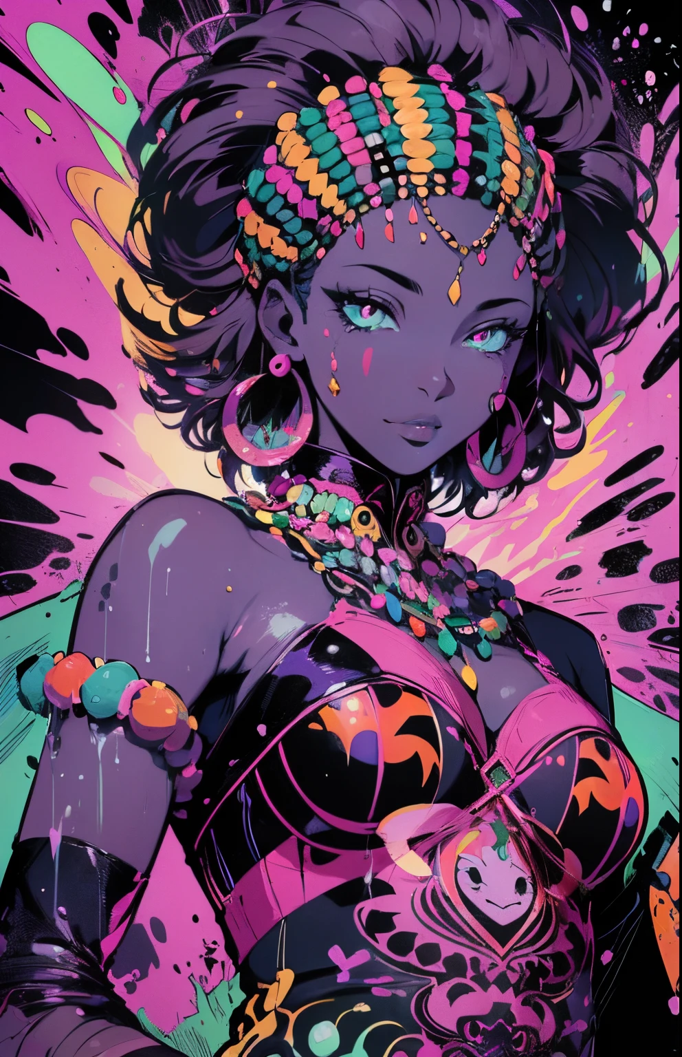 bold neon colors, cartoon style illustration of a Work process of UX Design as an African woman dressed in African designed clothes with African beads and African designed headress, sees the world while experiencing hallucinations, stoned, splash art, splashed neon colors, (iridiscent glowy smoke) ((motion effects)), best quality, wallpaper art, UHD, centered image, MSchiffer art, ((flat colors)), (cel-shading style) very bold neon colors, ((high saturation)) ink lines, psychedelic environment --auto --s2