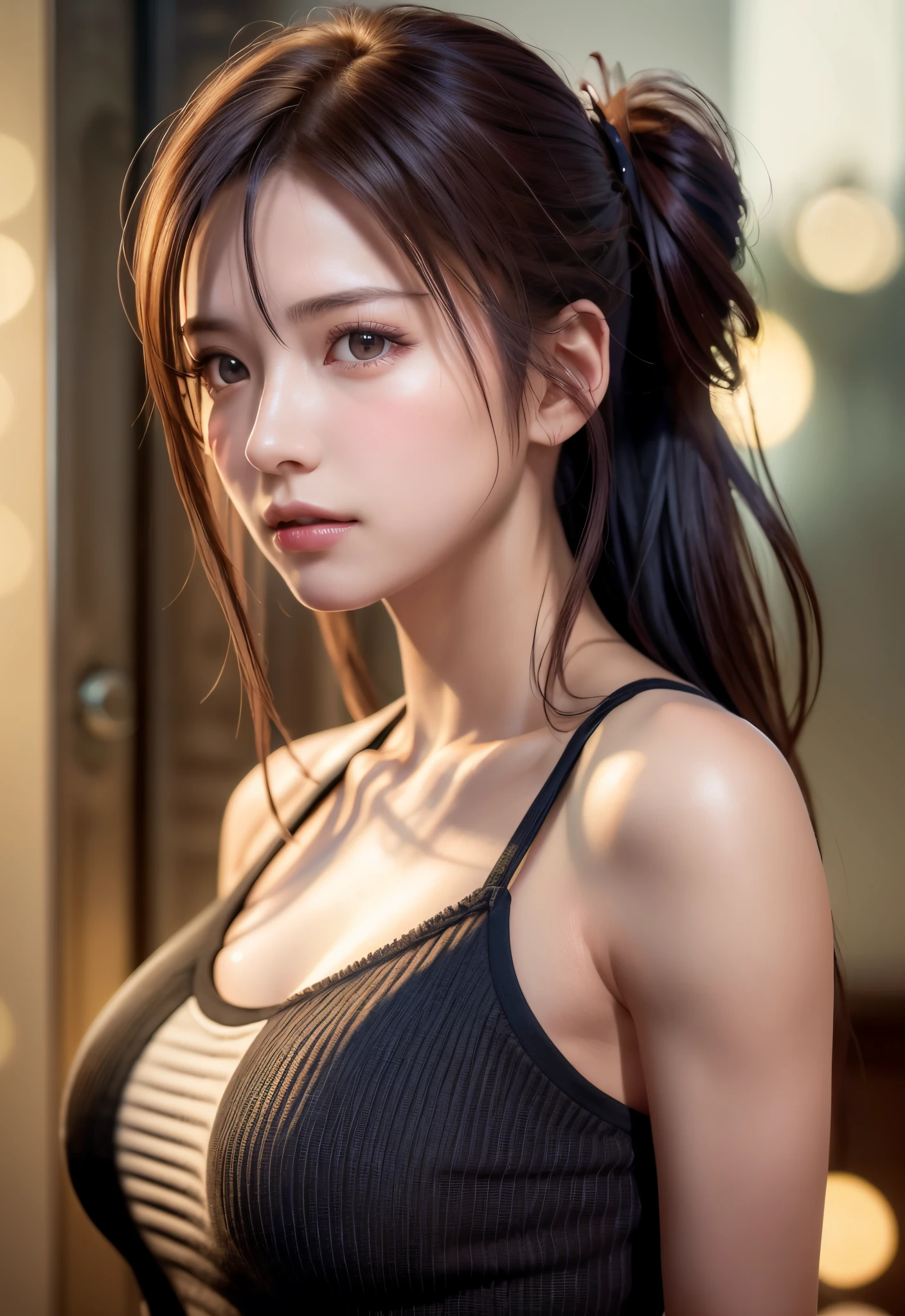 8K, of the highest quality, masutepiece:1.2), (Realistic, Photorealsitic:1.37), of the highest quality, masutepiece, Beautiful young woman, Pensive expression, Gentle eyes, sexy camisole、Hair tied back, Messy mood, Cinematic background,  Light skin tone