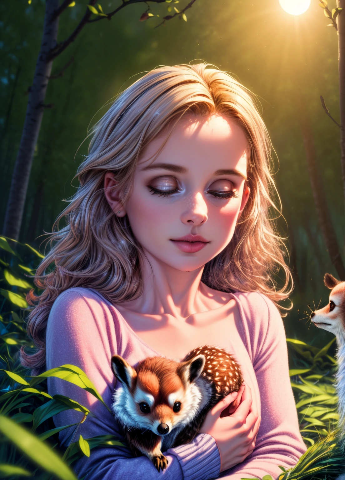 (best quality,4k,8k,highres,masterpiece:1.2),ultra-detailed,(realistic,photorealistic,photo-realistic:1.37),Enchanted forest, *********** illuminated by the soft moonlight,playful foxes,graceful fawns,adorable cubs,wise owls,cute bunnies,prickly hedgehogs gather under the celestial beauty,portraits,landscape,photography,vivid colors,warm tones,soft lighting,peaceful ambiance